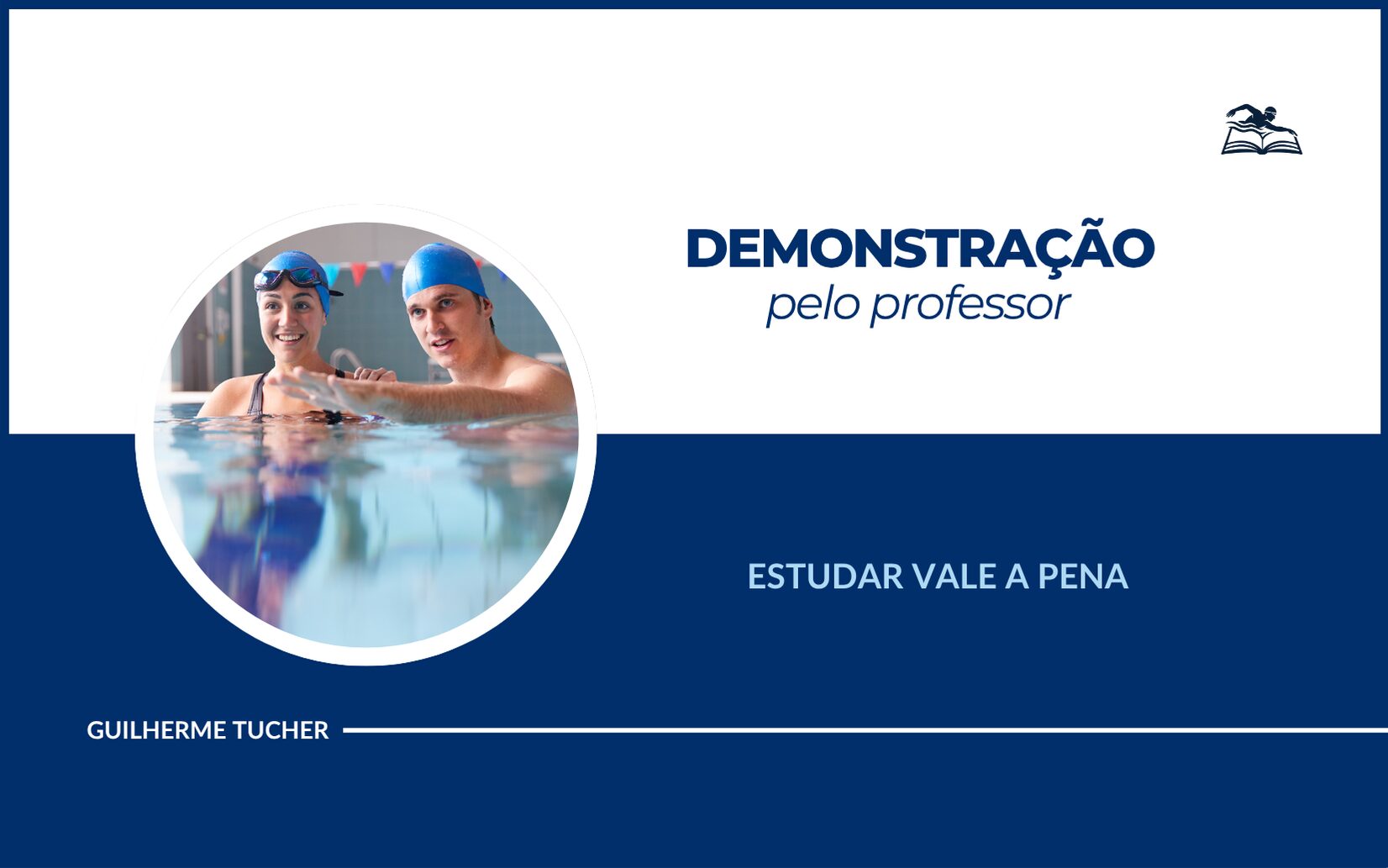 Professor demonstrando movimento de natação para aluna durante aula prática na piscina